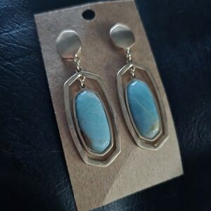 Gold and Blue Oval Dangle Earrings with RARE Larimar Stone